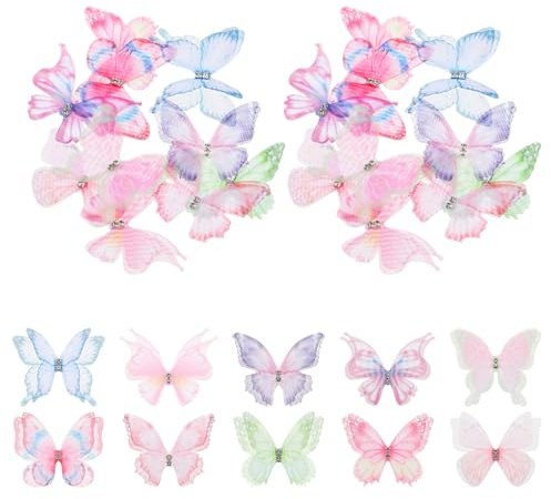20 Stück Organza-Schmetterlinge zum Basteln, Schmetterlings-Applikationen Mini Schmetterling Deko Bunte 3D-Stoff-Schmetterlinge 2-lagige Wanddekoration für DIY Dekoration, Kleidung, Ornament