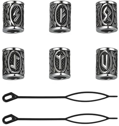 Flongo Ensemble de perles de barbe viking pour femme - À clipser - En acier inoxydable 316L - Bijou pour cheveux et barbe avec runes et symbole de boussole - Accessoire de style viking nordique pour