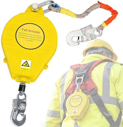 Höhensicherungsgerät Absturzsicherung Dachdecker 3m/5m/7m/10m/15m/20m | Tragbar Fallschutz Auffanggerät für Dach und Arbeiten in der Höhe, Absturzsicherung Einziehbar 150 kg (Gelb, 15m)