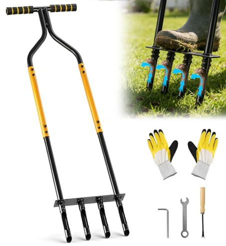 Shulltji Knie-freundlich Rasenlüfter, Aerifizierer für Rasen mit 4 Hohlspoon, Höhenverstellbar T-Griff Rasenbelüfter für Verdichtete Böden Rasenpflege