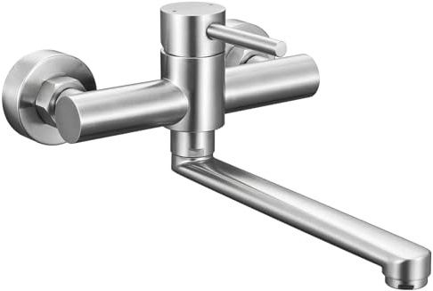 CECIPA Rubinetto Lavello Cucina a Parete, Miscelatore Cucina a Muro in Acciaio Inox 304, Rubinetto Muro con Acqua Calda e Fredda, Spazzolato