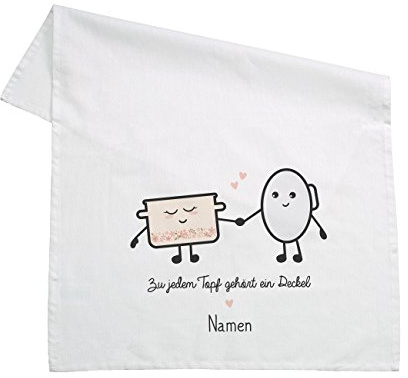 Herz & Heim® Geschirrtuch 100% Baumwolle 45 x 70 cm - Topf und Deckel - mit Aufdruck Ihrer Wunschnamen Weiß
