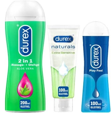 Durex Play Gleitgel Vielseitige Mixpackung für Frauen & Männer - (2-in-1 Massage Gel mit Aloe vera Extrakten, Naturals, Play Feel) Set mit Gleitmittel auf Wasserbasis für Sex & kondomegeeignet 400 ml