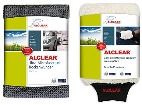ALCLEAR Auto Microfasertuch Trockenwunder für Autopflege, Autolack, Motorrad, Küche u. Haushalt – 80x55 cm grau & Mikrofaser Handschuh zum Auto waschen mit Shampoo