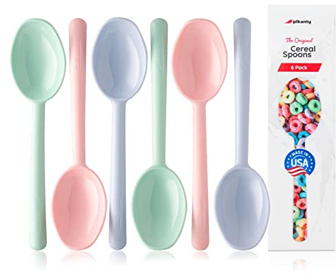 Plastic Cereal Spoons, Set of 6-7 Inch Kids Spoons in Pink, Green, Blue - Reusable Tablespoons for Soup, Yogurt, Ice Cream, Everyday Family Use, Dishwasher Safe, Made in USA by Pikanty