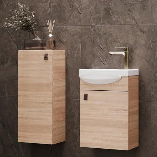 Planetmöbel Ensemble de Meubles de Salle de Bains Lavabo avec Meuble Bas 40 x 60 x 29 cm avec Armoire Centrale 32 x 75 x 23 cm pour Salle de Bains & WC invités, chêne Sonoma