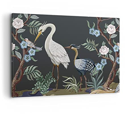 Bilder auf Leinwand 100x70cm Leinwandbild Asiatisch Reiher Blumen Groß Wanddeko Bild Schlafzimmer Küche Deko Wandbilder Dekoration Wohnzimmer Wall Decor Canvas Wand Kunstdruck Art AA100x70-4699