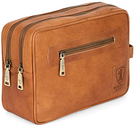 Berliner Bags Vintage Kulturbeutel Paul, Große Kulturtasche, Waschtasche aus Leder mit 2 Fächern, Kosmetiktasche für Damen und Herren zum Reisen - Braun
