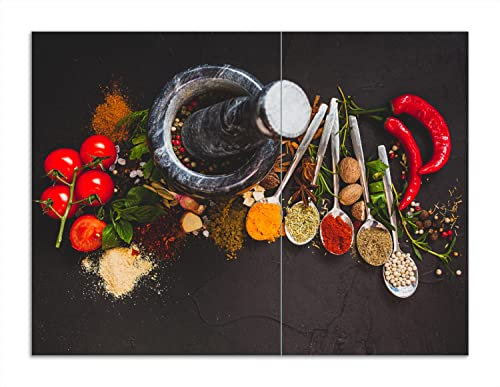 Wallario Herdabdeckplatte/Spritzschutz aus Glas, 2-teilig, 70x52cm, für Ceran- und Induktionsherde, Motiv Mörser mit Kräutern und Gewürzen