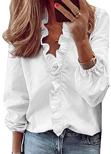 QKEPCY Chemisier pour Femme avec col en V Volants Chemise élégante à Manches Longues Mousseline Chemisier Casual Lâche Automne et Hiver Haut Décontracté pour Le Bureau (Blanc M)