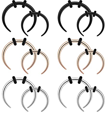 Longbeauty 14G Edelstahl Halbmond Pincher Septum Ringe C Form Buffalo Stretcher Hufeisen Nasenpiercing Ohrring Tapers Set, 10mm/12mm Innendurchmesser, 12 Pcs