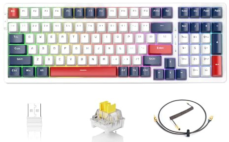 ATTACK SHARK K98 Blanco Azul Teclado Mecánico para Juegos de 100 Teclas Intercambiable en Caliente, BT5.0/2.4G/ USB C en Espiral, 3000 mah, Iluminación RGB Programable, Interruptor Amarillo