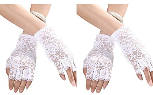 2 Paires de Gants demi-doigts en dentelle florale pour femmes, gants courts de mariée, gants élégants en dentelle pour le thé, le mariage, l'opéra et l'Halloween