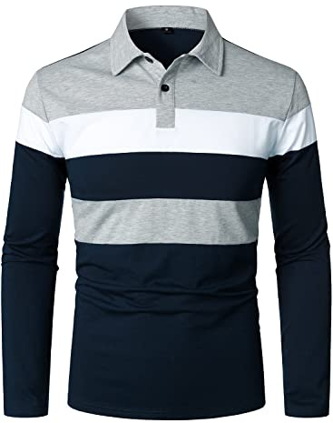 HOOD CREW Men's Color-Block Long Sleeve Casual Polo Shirt Striped Golf Tops Navy