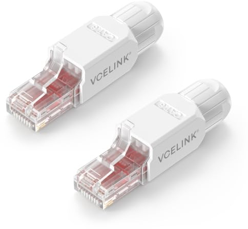 VCELINK Cat6 Connettori RJ45 Senza Attrezzi 1000Mbps/250MHz, Bianco 2 Pezzi | UTP Plug Ethernet Placcato Oro Riutilizzabili per Router, Switch, Modem, PC