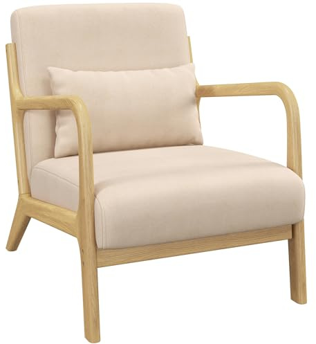 HOMCOM Fauteuil de Salon avec Cadre en Bois Massif Fauteuil Lounge - Assise Profonde - accoudoirs - Aspect Velours Beige
