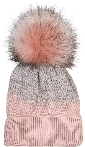 styleBREAKER Damen Strick Bommelmütze mit Farbverlauf und Fleece Futter, Winter Fellbommel Mütze, Strickmütze 04024205, Farbe:Rose-Grau