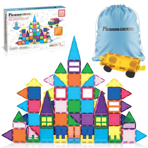 PicassoTiles 101pc Magnetic Tile Building Blocks with Car Base Drawstring Carry Toy Storage Bag Magnetized Block for Kids Magnet ToySet Educational STEM Learning Child Brain Development Ages 3+ PC101
