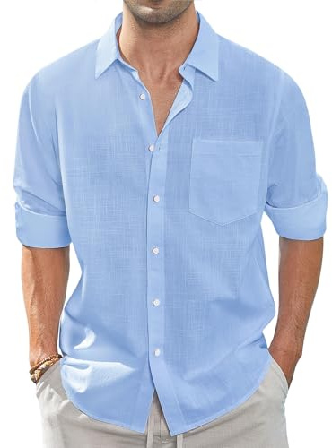 J.VER Men's Linen Cotton Shirts Long Sleeve Regular Fit Casual Solid Lightweight Summer Beach Shirt with Pocket Blue S
