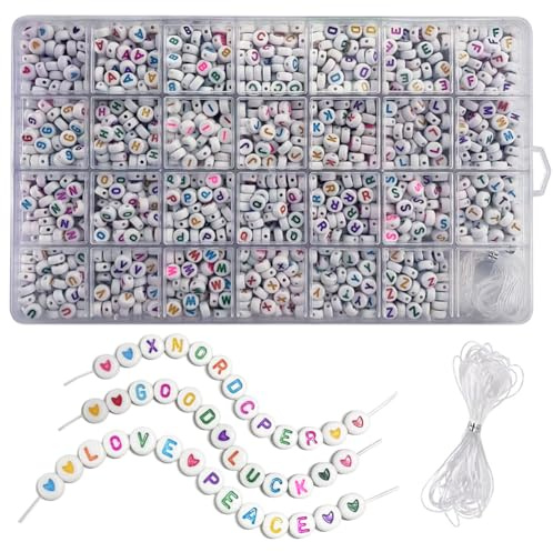 1755 Stück A-Z Rund Acryle Buchstaben perlen und Herz Perlen zum Auffädeln mit Kasten & Kristall Faden, 4x7mm Bastelnperlen Alphabet Perlen für Armbänder Halsketten Schmuckherstellung DIY Handwerk
