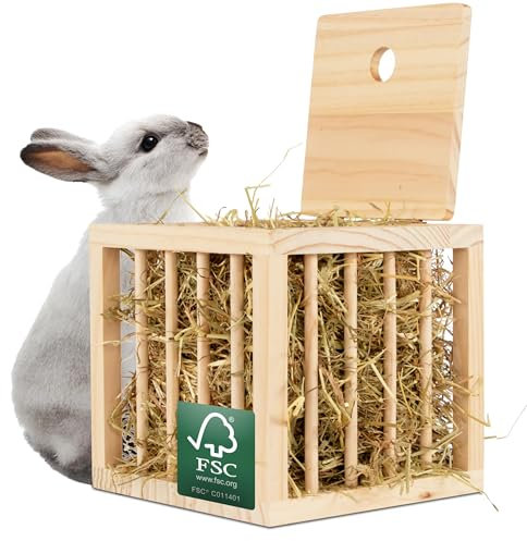 Heuraufe Kaninchen, Hasen, Hamster. Stabiler Stand in Würfelform. Unbehandeltes Naturholz. Perfekt für den Kaninchenstall. Heuraufe Meerschweinchen. Heu. Zubehör. Groß. Stehend | Drei Eichen