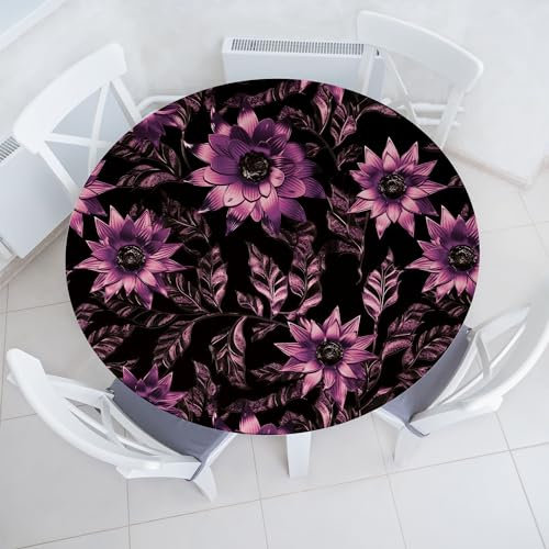 ABAKUHAUS Dunkler Dschungel Elastisches Rundtischtuch, Botanik Blumen Blätter, Rundum-elastische Stofftischdecke, 142 cm - 152 cm, Blasser Fuchsia Dunkel Fuchsie