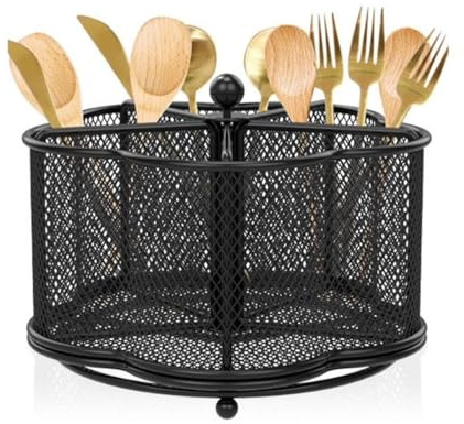 360° Drehbarer Besteckhalter, Metall-Küchenutensilien-Organizer mit 5 Fächern, Serviettenhalter für Picknicktisch und Küchentheke (Schwarz)