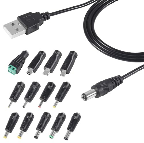 ALAMSCN USB to DC 5V Cable 5V USB Power Chager Cord 5.5 X 2.1mm with 13PCS DC Barrel Jack Adapter for Laptop Charger Power Supply Plug