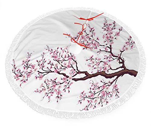 Flores de cerezo, falda de árbol de Navidad con cordones de borla, rama de un árbol de flores de cerezo, para decoraciones y adornos de árbol de Navidad, rosa y blanco, 76 cm