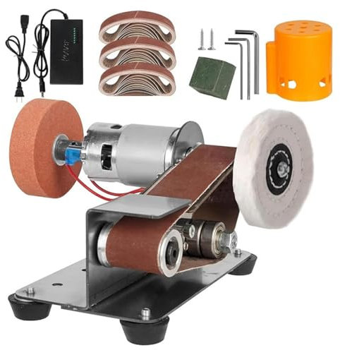 Rusopobe Kit de meuleuse d'établi de Petite Taille, Ponceuse à Bande électrique à 15 degrés Petite Ponceuse à Couteaux 7 Vitesses réglables pour Bijoux en métal