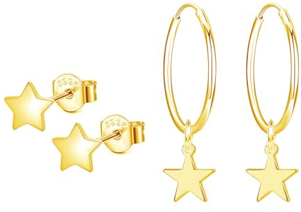 Hinvan 2 Paires Boucles d'oreilles Etoiles pour Femme Homme Fille, Boucles d oreilles Femme Étoiles, Boucles d'oreilles Créoles Or, Boucles d oreilles Pendantes Or Anneaux Clous d'oreilles