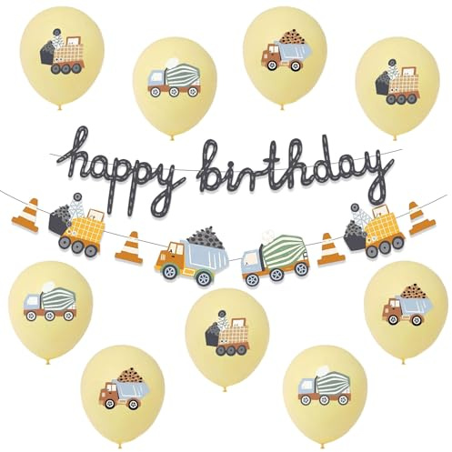 ALEGRE Bagger Deko Kindergeburtstag, Bagger Luftballons Geburtstag, Baustellen Geburtstagsdeko Mädchen Junge, Fahrzeuge Baustelle Happy Birthday Girlande, Bagger Ballon für Auto Thema Party Dekoration