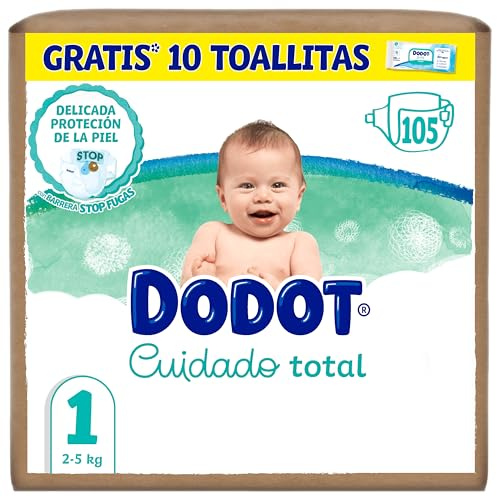 Dodot Pañales Bebé Cuidado Total Talla 1 (2-5kg), 105 uds + 10 Toallitas