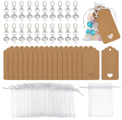 AHANDMAKER Set di 24 portachiavi con albero della vita con biglietti di ringraziamento e sacchetti in organza, connettore albero della vita per gioielli fai da te, bomboniere comunione, regalo,