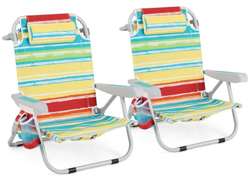 GYMAX Beach Chair, 330lbs Backpack Lounger with 5-Position Backrest, Storage Bag, Side Pocket, Towel Bar & Headrest, Foldable Low Beach Lounge, Portable Aluminum Lay Out Camp Chair (Colourful,2)