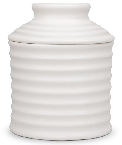 Jersinwei Porzellan Französische Butterdose, Butterglocke Keramik mit Wasserrand für Frische Streichfähige Butter, Buttertopf im Original Torsade Design, Matt Elfenbeinweiß