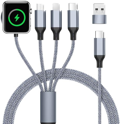 Multi Ladekabel 4 in 1 für apple watch Ladegerät, 1.2M Universal Nylon Kabel, SchnellLadekabel Mit USB-A und USB-C Mehrfach für iPhone 17/16/15/14/13/12/11/iPad/Airpods/iWatch Serien