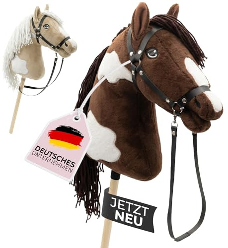 NATURTRIEB Steckenpferd mit Trense | Großes Hobby Horse für Kinder | A3 | Schecke | mit Halfter & Zügeln | hochwertiges Plüsch mit Langer Mähne | Hobby Horsing Pferd | Stockpferd (Braun/Weiß)