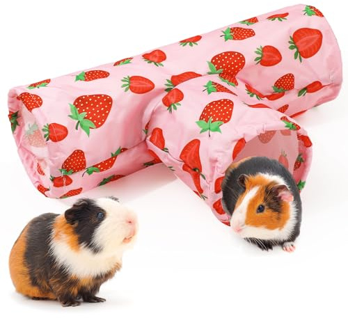 JarThenaAMCS Guinea Pig Tunnel 3 Way Washable Guinea Pig Hideout Pink Strawberry Foldable Rabbit Tunnel Small Animal Toy for Bunny Hamster Chinchilla Ferret Accessory
