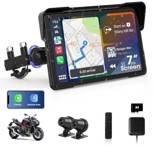 7 Pouces Carplay Moto Android Auto Moto 4K DVR Dashcam Voiture Avant Arriere pour Motocyclette, GPS Moto avec Carte TF 64G, WiFi, Navigation GPS, Siri, Goo-gle, Télécommande, Bluetooth