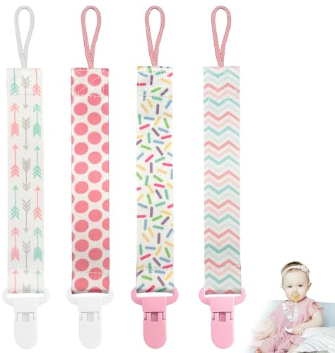 4 Pcs Dummy Clip Girls, Baby Soother Clip Chains, Universal Soother Chain for Baby Girls Boys Newborn for All Teething Toys, Newborn Essentials