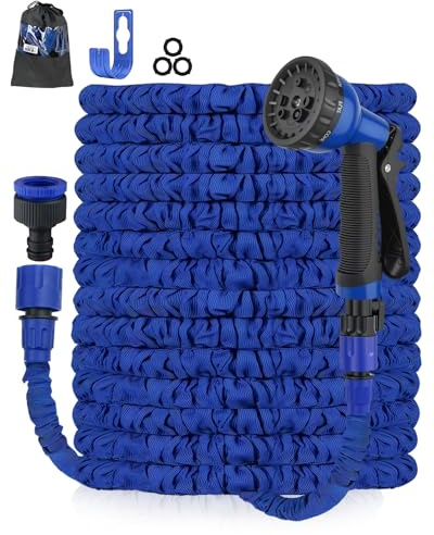 Zenmos Expandable Garden Hose Pipe, 50FT Heavy Duty Water Hose with 3/4, 1/2 Fittings, Lightweight Garden Hose with 8 Function Spray Nozzle, Leak-Proof Retractable (Light Blue, 50FT)