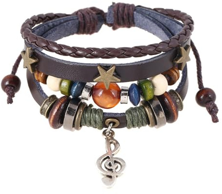 Tied By Love Ethnic Boho 4-Layer Multi-Coloured Beaded Leather Set Adjustable Bracelets with Music Note Charm Gothic Steampunk Bohemian Unisex Wristband