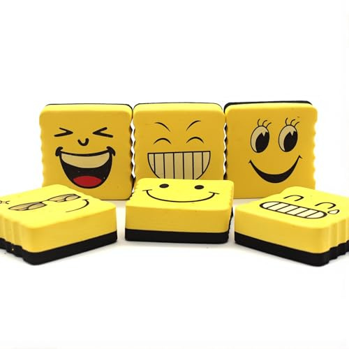 6 Pezzi Cancellino Lavagna Magnetica Bianca con Faccine Carine, Cancellino Lavagna Gesso per Bambini, Scuola e Ufficio