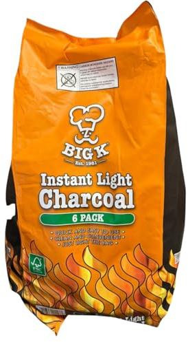 BIG K Instant Light Lumpwood Charcoal Bags – 6 x 1kg BBQ Coals | Easy Light Instant Charcoal Bags for Barbecue, Camping, Picnics & Outdoor Cooking