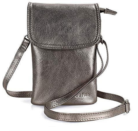 befen Echtleder Handytasche zum Umhängen, Handy Umhängetasche Damen Klein, Handtasche mit Geldbörse zum Umhängen Leder, Crossbody Bag Damen mit Verstellbarer Riemen und Schlüsselanhänger, Silbrig