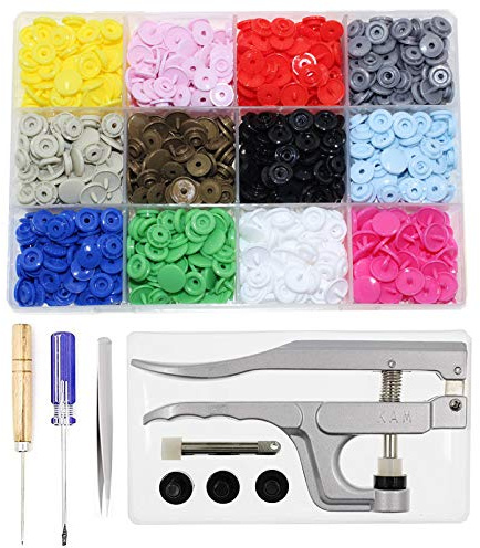 KAM bottoni a pressione + pinze a scatto, kit di fissaggio per avviamento, 384 set da 12 colori, taglia 20 T5 KAM Snap in plastica, bottoni automatici per lavori di artigianato, panno e pannolini