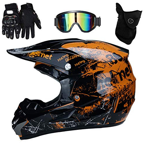 UIGJIOG Casco De Motocross Naranja Floral, para Hombre, con Gafas, Guantes De Máscara (4 Unidades), para Adulto, Moto, Deporte, Mujer, Hombre, Descenso, ATV, MTB, Quad, Bicicleta,Naranja,XL(58~59cm)