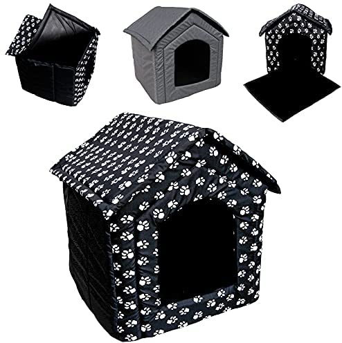 R.G. Hundehaus Hundehütte Hundebett Katzenhöhle Schlafplatz Hundebox Tierhaus Hundekorb (47x44x48 (LxBxH), schwarz mit Pfoten)
