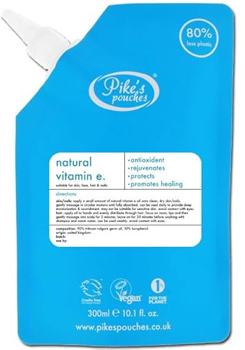 Natural Vitamin E Oil for Skin, Face, Hair, Nails & Lip Gloss 300ml - Pure Liquid Vit E from Wheat Germ | Body Oil for Scars & Stretch Marks | Stimulates Hair Growth | Vegan | Pike’s Pouches